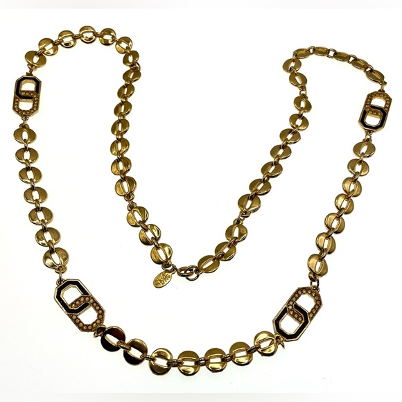 Vintage 1980s Signed DVF Gold Tone & Enamel Linked Necklace Swarovski Crystals - Picture 1 of 7
